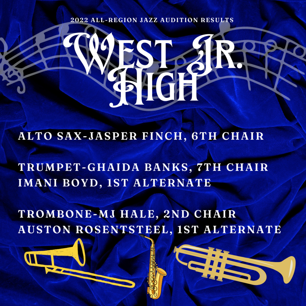 West Jr High All Region band members: Jasper Finch, Ghaida Banks, Imani Boyd, MJ Hale, and Austin Rosentsteel