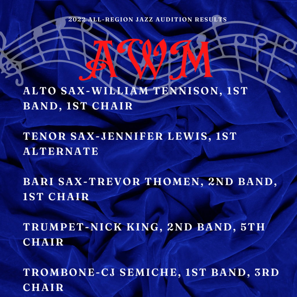 AWM all region band members: William Tennison, Jennifer Lewis, trevor homen, nick king, and cj semiche