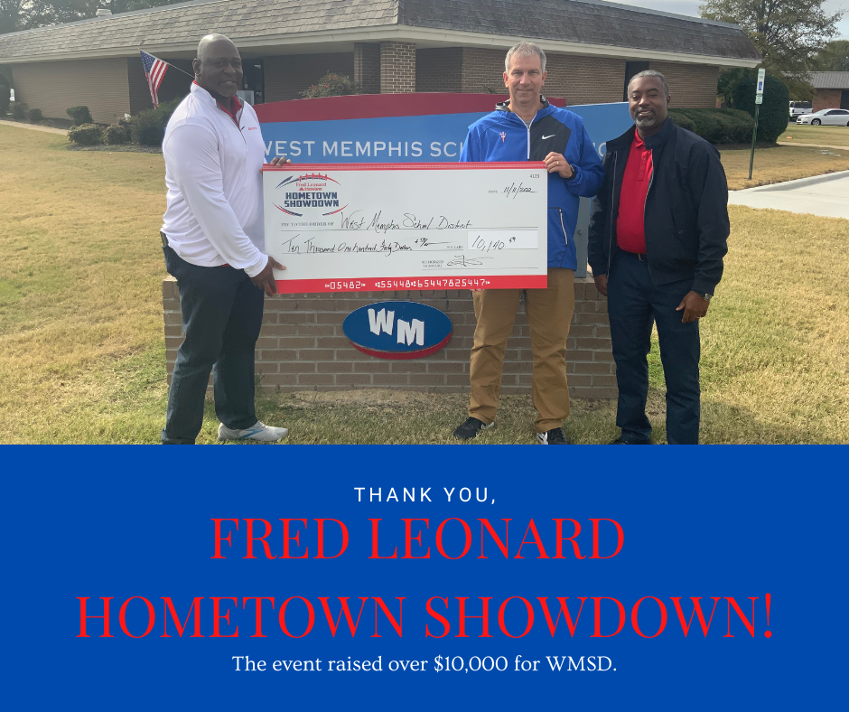Fred Leonard and Grandon Gray with the Fred Leonard Hometown Showdown present Billy Elmore a check for $10, 140. 59  as a result of money raised during the annual event.