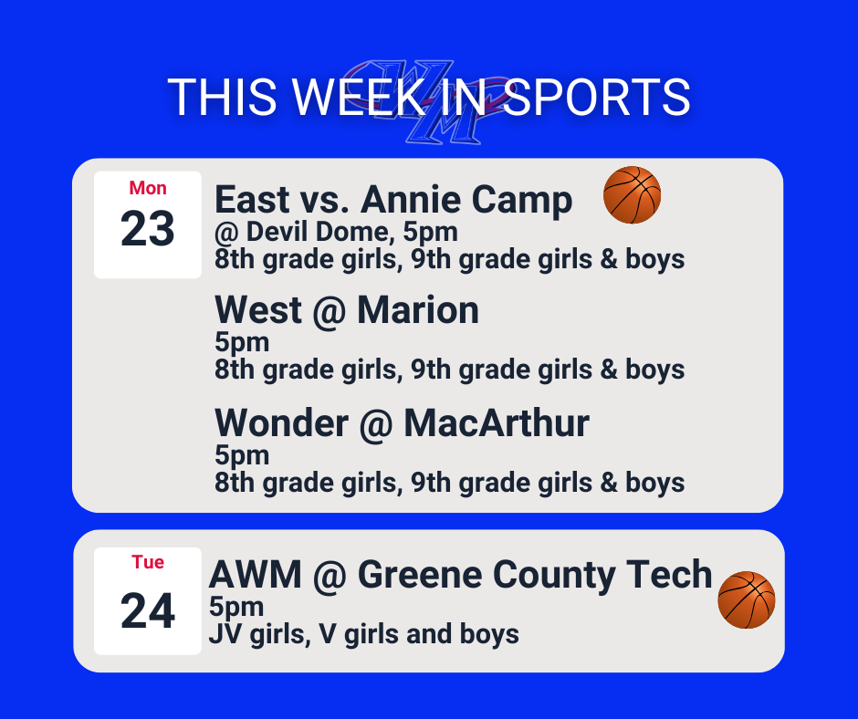 1 23 east vs Annie camp at devil dome, west at Marion, wonder at MacArthur all start at 5, 1 24 awm at Greene co tech at 5