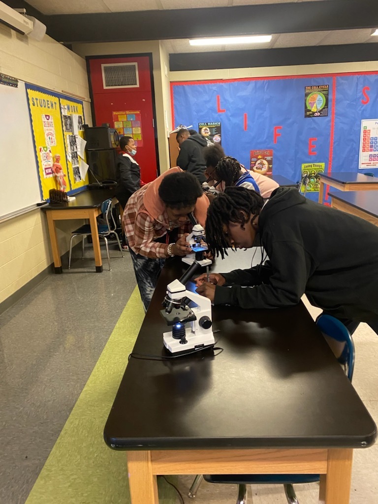 Classmates examine microscope.