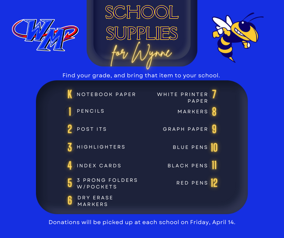School supply donation list for Wynne