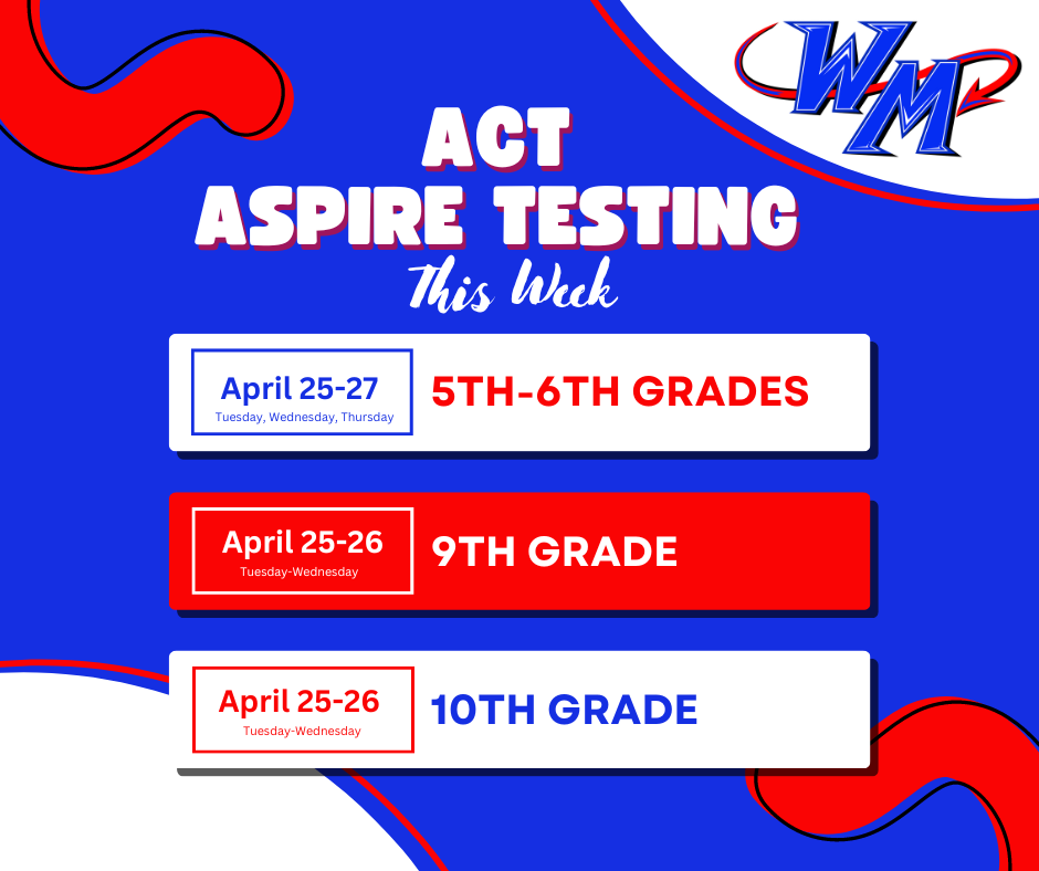 ACT Aspire Testing Schedule for the week.