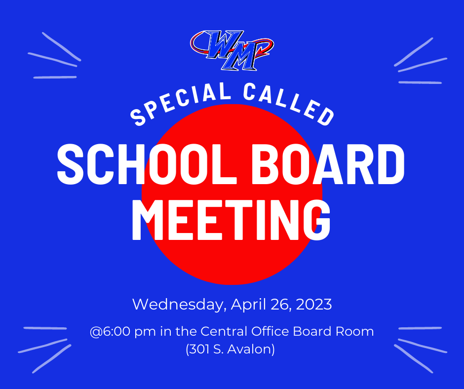 special called school board meeting wed. 4/26 @ 6pm