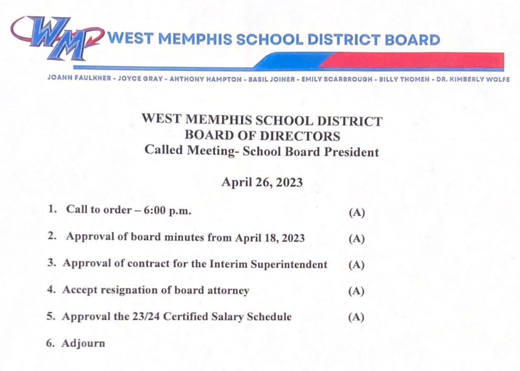 Agenda for special called meeting on 4/26